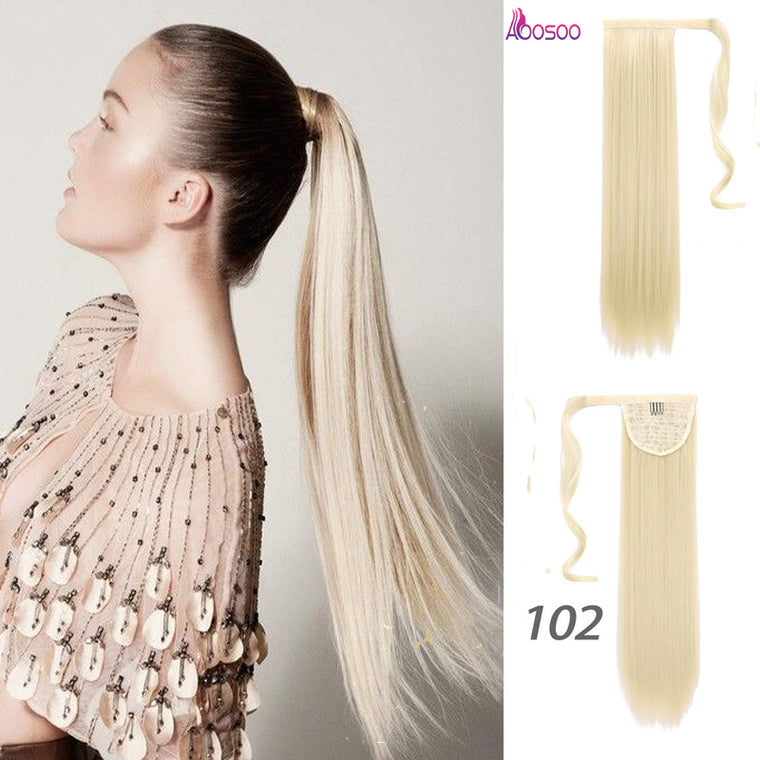 24inches Long Wrap On Synthetic Straight Ponytails for Women Natural Clip In Hair Extension Hairpieces Blonde False Hair