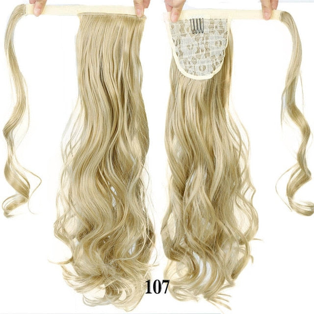 24inches Long Wrap On Synthetic Straight Ponytails for Women Natural Clip In Hair Extension Hairpieces Blonde False Hair