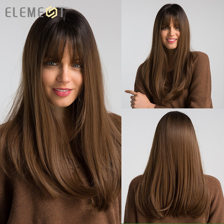 Element 18" Long Synthetic Wig with Bangs Dark Root Ombre Color Natural Headline Heat Resistant Hair Wigs for Women