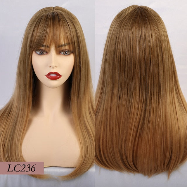 Element 18" Long Synthetic Wig with Bangs Dark Root Ombre Color Natural Headline Heat Resistant Hair Wigs for Women
