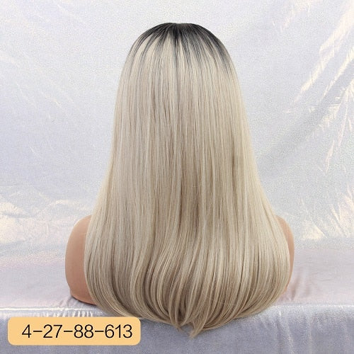 Element 18" Long Synthetic Wig with Bangs Dark Root Ombre Color Natural Headline Heat Resistant Hair Wigs for Women