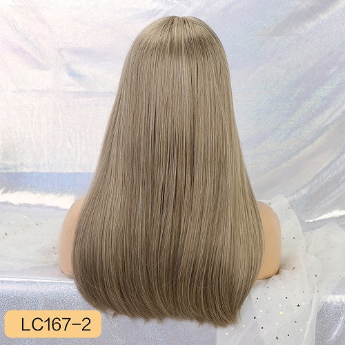 Element 18" Long Synthetic Wig with Bangs Dark Root Ombre Color Natural Headline Heat Resistant Hair Wigs for Women