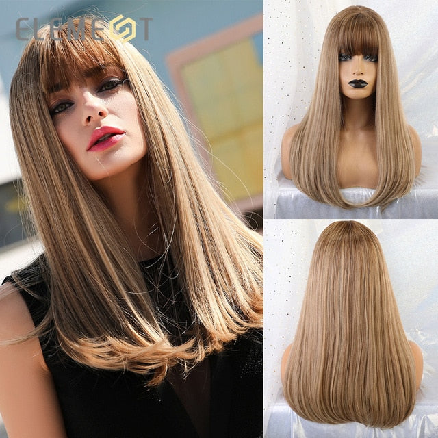 Element 18" Long Synthetic Wig with Bangs Dark Root Ombre Color Natural Headline Heat Resistant Hair Wigs for Women