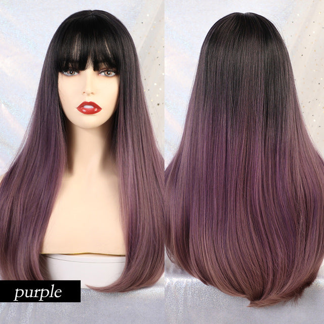 Element 18" Long Synthetic Wig with Bangs Dark Root Ombre Color Natural Headline Heat Resistant Hair Wigs for Women