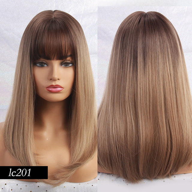 Element 18" Long Synthetic Wig with Bangs Dark Root Ombre Color Natural Headline Heat Resistant Hair Wigs for Women
