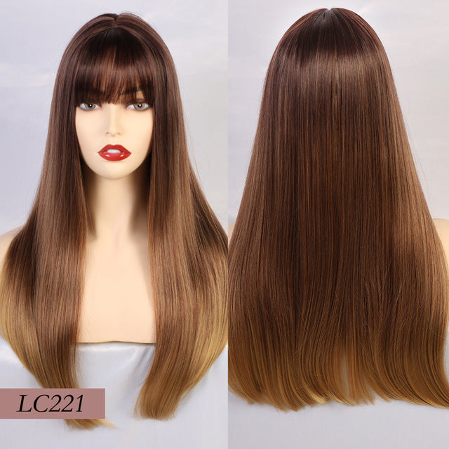 Element 18" Long Synthetic Wig with Bangs Dark Root Ombre Color Natural Headline Heat Resistant Hair Wigs for Women