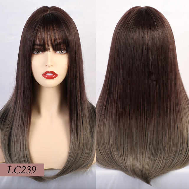Element 18" Long Synthetic Wig with Bangs Dark Root Ombre Color Natural Headline Heat Resistant Hair Wigs for Women