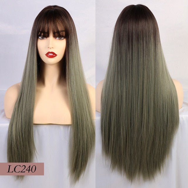 Element 18" Long Synthetic Wig with Bangs Dark Root Ombre Color Natural Headline Heat Resistant Hair Wigs for Women