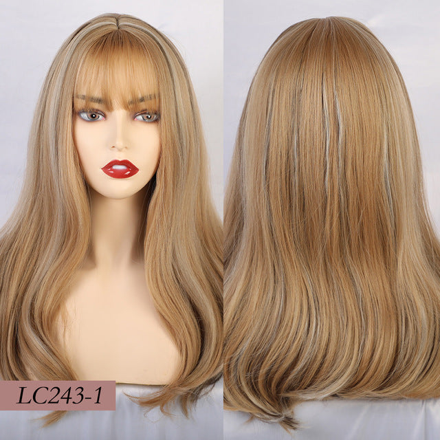 Element 18" Long Synthetic Wig with Bangs Dark Root Ombre Color Natural Headline Heat Resistant Hair Wigs for Women