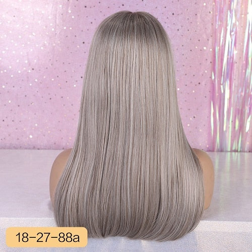 Element 18" Long Synthetic Wig with Bangs Dark Root Ombre Color Natural Headline Heat Resistant Hair Wigs for Women
