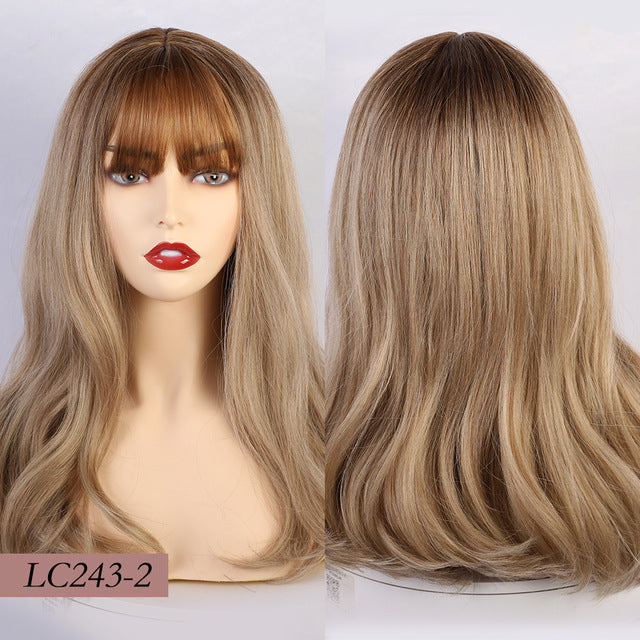 Element 18" Long Synthetic Wig with Bangs Dark Root Ombre Color Natural Headline Heat Resistant Hair Wigs for Women