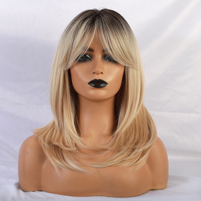 Element 18" Long Synthetic Wig with Bangs Dark Root Ombre Color Natural Headline Heat Resistant Hair Wigs for Women