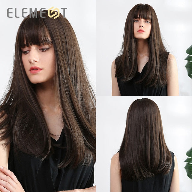 Element 18" Long Synthetic Wig with Bangs Dark Root Ombre Color Natural Headline Heat Resistant Hair Wigs for Women