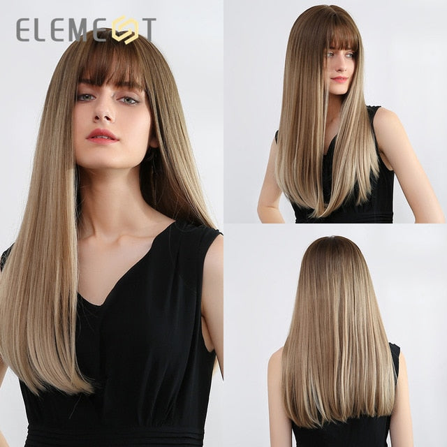 Element 18" Long Synthetic Wig with Bangs Dark Root Ombre Color Natural Headline Heat Resistant Hair Wigs for Women