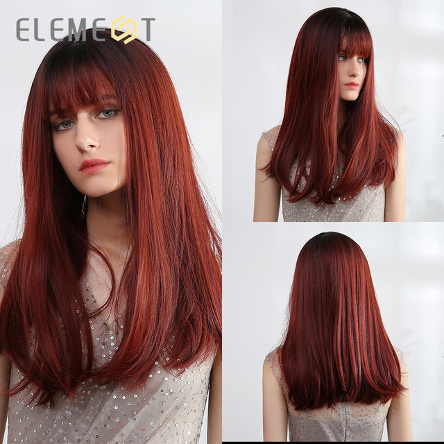 Element 18" Long Synthetic Wig with Bangs Dark Root Ombre Color Natural Headline Heat Resistant Hair Wigs for Women