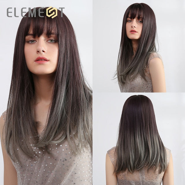 Element 18" Long Synthetic Wig with Bangs Dark Root Ombre Color Natural Headline Heat Resistant Hair Wigs for Women
